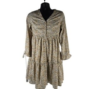 Mikarose Floral Print Tiered‎ Midi Dress Button Front V Neck Long Sleeve Tan